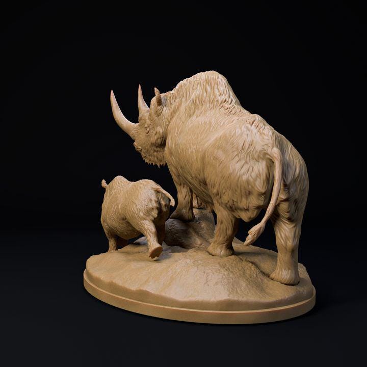 Woolly rhinoceros mother and calf - UNPAINTED 3D Resin Figure - Dino and Dog Miniatures