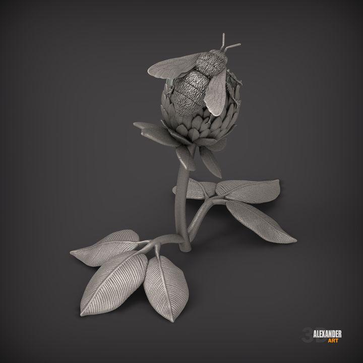 Bumblebee on red clover - UNPAINTED 3D Resin Figure - Alexander3dart