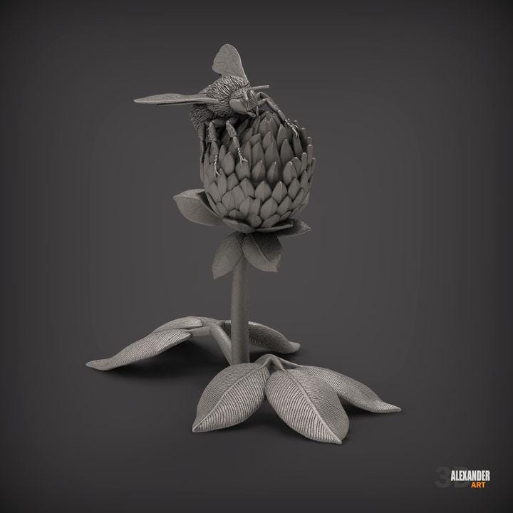 Bumblebee on red clover - UNPAINTED 3D Resin Figure - Alexander3dart