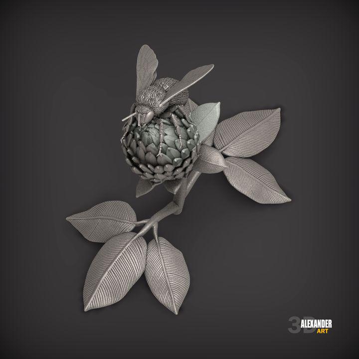 Bumblebee on red clover - UNPAINTED 3D Resin Figure - Alexander3dart