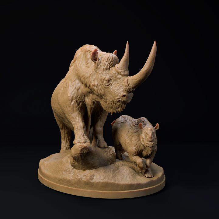 Woolly rhinoceros mother and calf - UNPAINTED 3D Resin Figure - Dino and Dog Miniatures